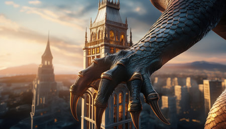 A colossal dragon's claw grips a grand tower overlooking a bustling fantasy cityscape at dusk.の素材