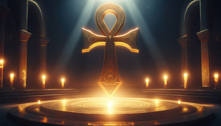 Golden symbol surrounded by flickering candles in a mystical temple, glowing with energy.の素材