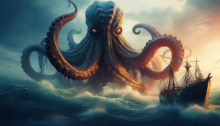 A colossal sea creature emerges from the depths as a ship bravely sails through turbulent waters.の素材