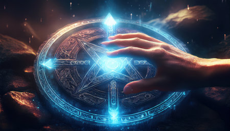 A hand reaches for a glowing symbol in a magical, ethereal setting.の素材
