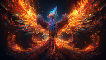 A stunning phoenix rises in a magical land, engulfed by flames and vivid colors.の素材