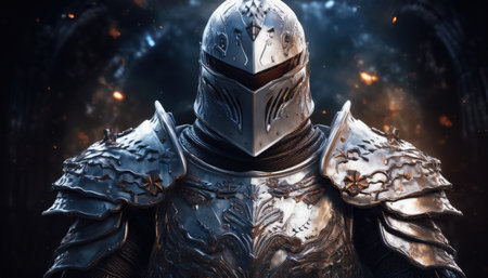 A fierce knight in ornate armor stands ready for battle, surrounded by an enchanting glow.の素材