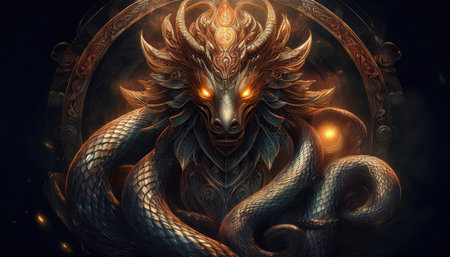 A glowing eyed dragon serpent rises from a magical depth, radiating energy.の素材