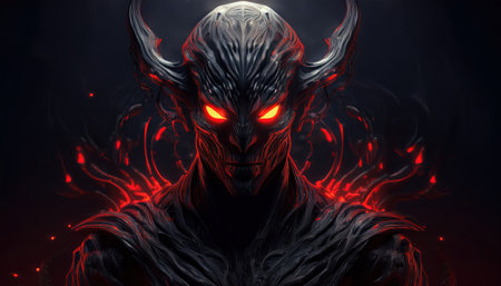 A figure with glowing red eyes stands in darkness, radiating magic and mystery.の素材