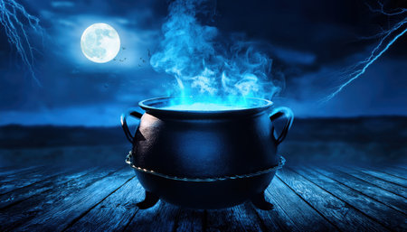 Bright blue mist swirls from a dark cauldron nestled on a wooden surface beneath a glowing moon.の素材