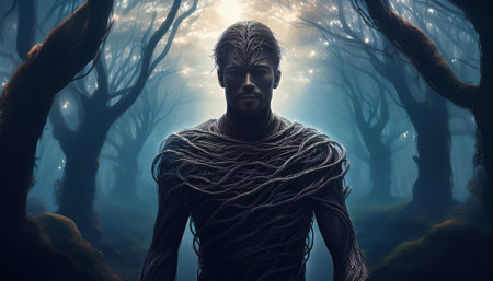 A mysterious figure walks through an enchanted forest, entwined in glowing vines under hazy light.の素材