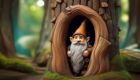 A playful gnome with a long beard and bright orange hat emerges from a tree trunk in a lush forest.の素材