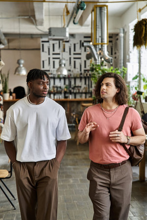 Two handsome partners stroll through a cozy cafe, sharing smiles and laughter on their date.