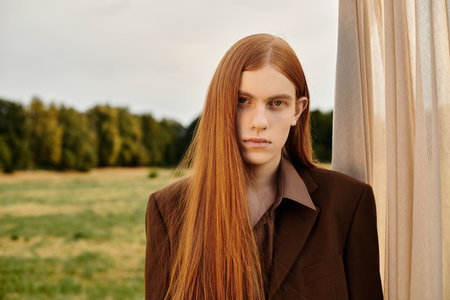 A fashionable young man with long hair stands confidently, surrounded by lush greenery at dusk.のeditorial素材