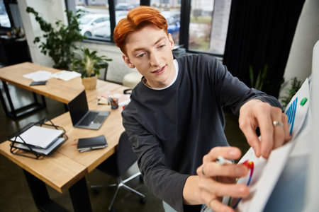 A young man with red hair collaborates in an inspiring office using a whiteboard.