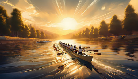 Students row together on a serene river at sunrise, symbolizing higher education.の素材