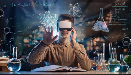 Student engages in immersive learning with virtual reality while studying scientific concepts.の素材
