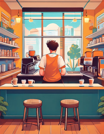 A barista stands behind a counter, preparing drinks in a bustling college coffee shop.の素材