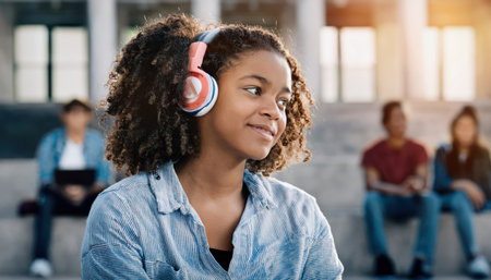 african american teenage girl with headphones smiles while studying in a lively college setting.の素材