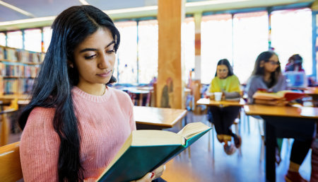 Young woman study intently at wooden tables surrounded by shelves filled with books.の素材