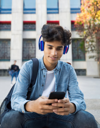 Focused student relaxes on campus, listening to music on a mobile device, surrounded by greenery.の素材