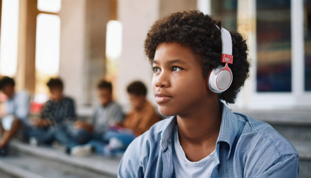 A young student listens intently to music while sitting on steps, immersed in thought.の素材