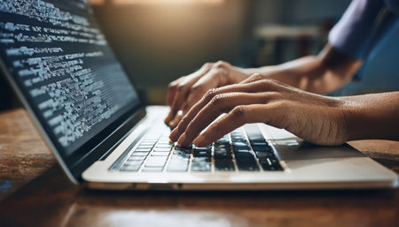 Student practicing coding skills at a college campus, focused on education and technology.の素材