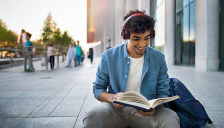 A college student reads a book while relaxing outdoors, enjoying a sunny day with friends nearby.の素材