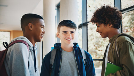 Friends share smiles and laughter in a welcoming college corridor filled with light.の素材