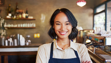 Young and pretty asian barista greets customers with a warm smile in a bustling college cafe setting.の素材