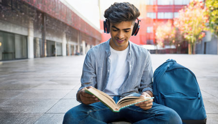 A young student reads on campus amid modern architecture and autumn leaves.の素材