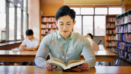 Dedicated asian learner explores knowledge through a book while classmates study nearby.の素材