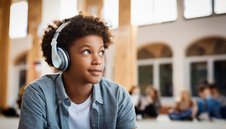 A young learner enjoys music through headphones, lost in thought amid a bustling college atmosphere.の素材