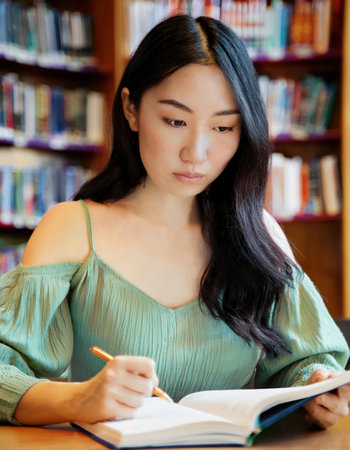 Asian student immersed in her studies at a college library, taking notes and reflecting.の素材