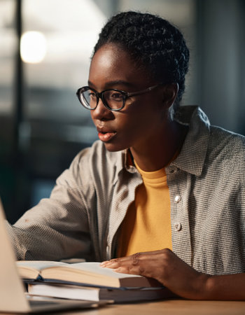 Individual concentrating on assignments with laptop open and notes on table in a quiet setting.の素材