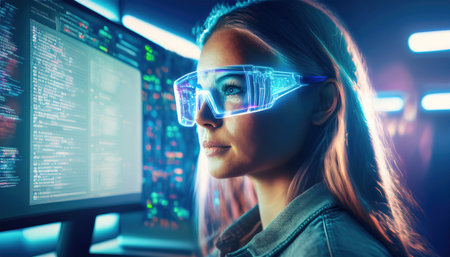Focused young woman explores cutting-edge programming tools in a vibrant academic setting.の素材