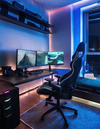 A stylish study area featuring dual monitors, a comfortable chair, and ambient blue lighting.の素材