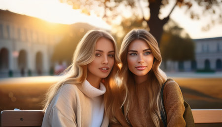 Two young women sit closely together on a bench, sharing smiles at sunset.の素材
