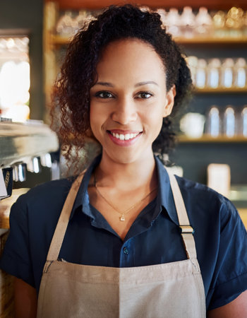 A friendly barista smiles while preparing coffee in a vibrant college cafe atmosphere.の素材