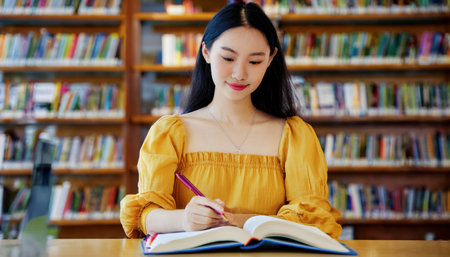 A focused student writes diligently in a notebook, surrounded by rows of colorful books.の素材