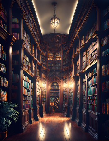 A warm and charming library space featuring tall shelves of books illuminated by soft light.の素材