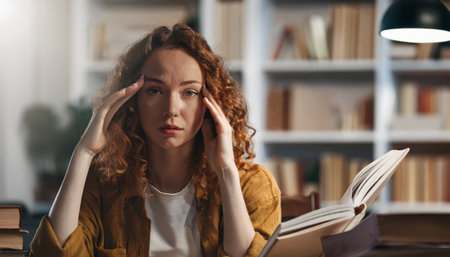 A tired redhead young woman sits at a table in a library, looking stressed while studying.の素材