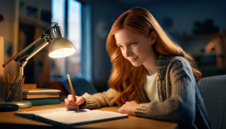 A student with long red hair writes thoughtfully at a wooden desk, illuminated by soft lamp light.の素材