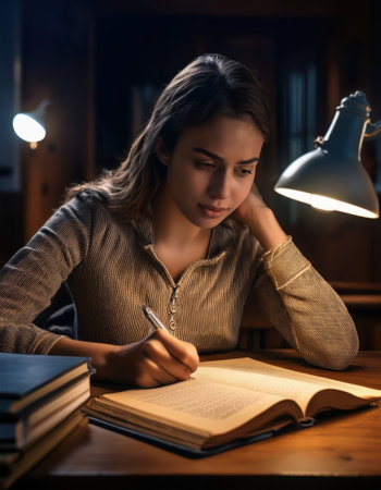 A student is focused on her studies while sitting at a wooden table, surrounded by books.の素材