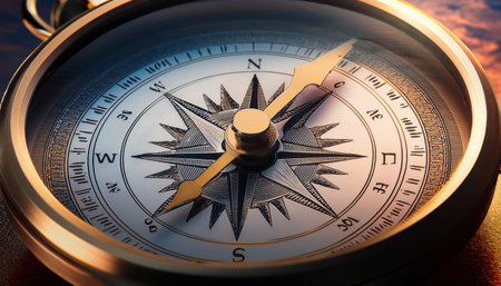 A beautifully detailed compass rests on a wooden surface, reflecting sunlight and vivid colors.の素材