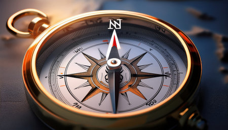 Exploring uncharted lands with a glowing compass that showcases intricate details.の素材