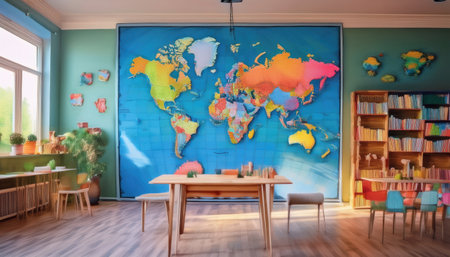 A vibrant world map dresses the wall of a cheerful room, inviting exploration and creativity.の素材