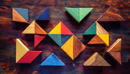 Colorful geometric shapes are scattered on a dark wooden table, sparking creativity.の素材