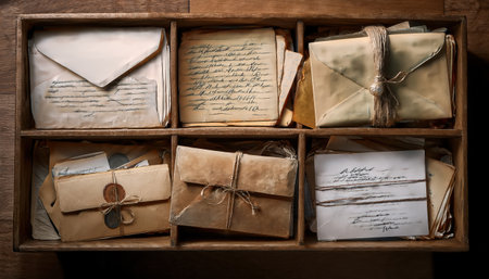 A vintage wooden box brimming with vibrant, colorful letters and notes evokes nostalgia and warmth.の素材
