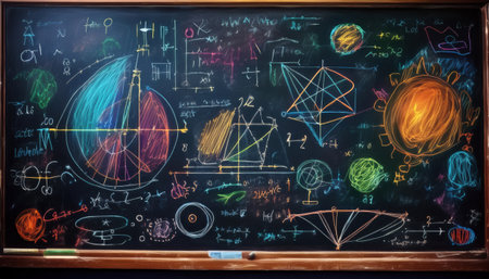 Bright chalk drawings of geometric figures and science concepts spark curiosity with vivid colors.の素材