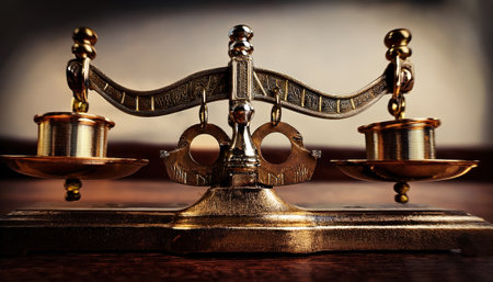 The ornate balance scales sit prominently on a wooden surface, radiating warmth and history.の素材
