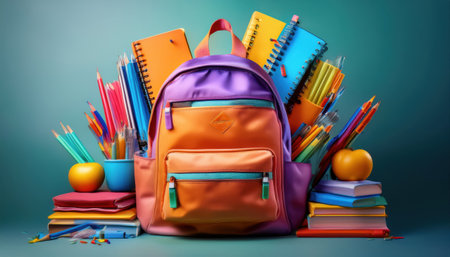 Vibrant school supplies arranged around an orange and purple backpack spark creativity.の素材