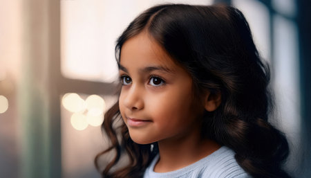 A little girl gazes thoughtfully, her long hair cascading in curls under warm and vibrant light.の素材