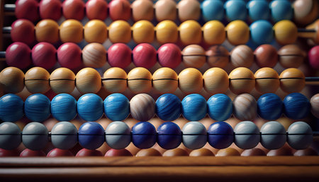 Brightly colored beads align on a wooden frame, inviting joy and exploration in counting.の素材