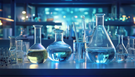 Colorful glass containers display vivid liquids under the glow of laboratory lights.の素材